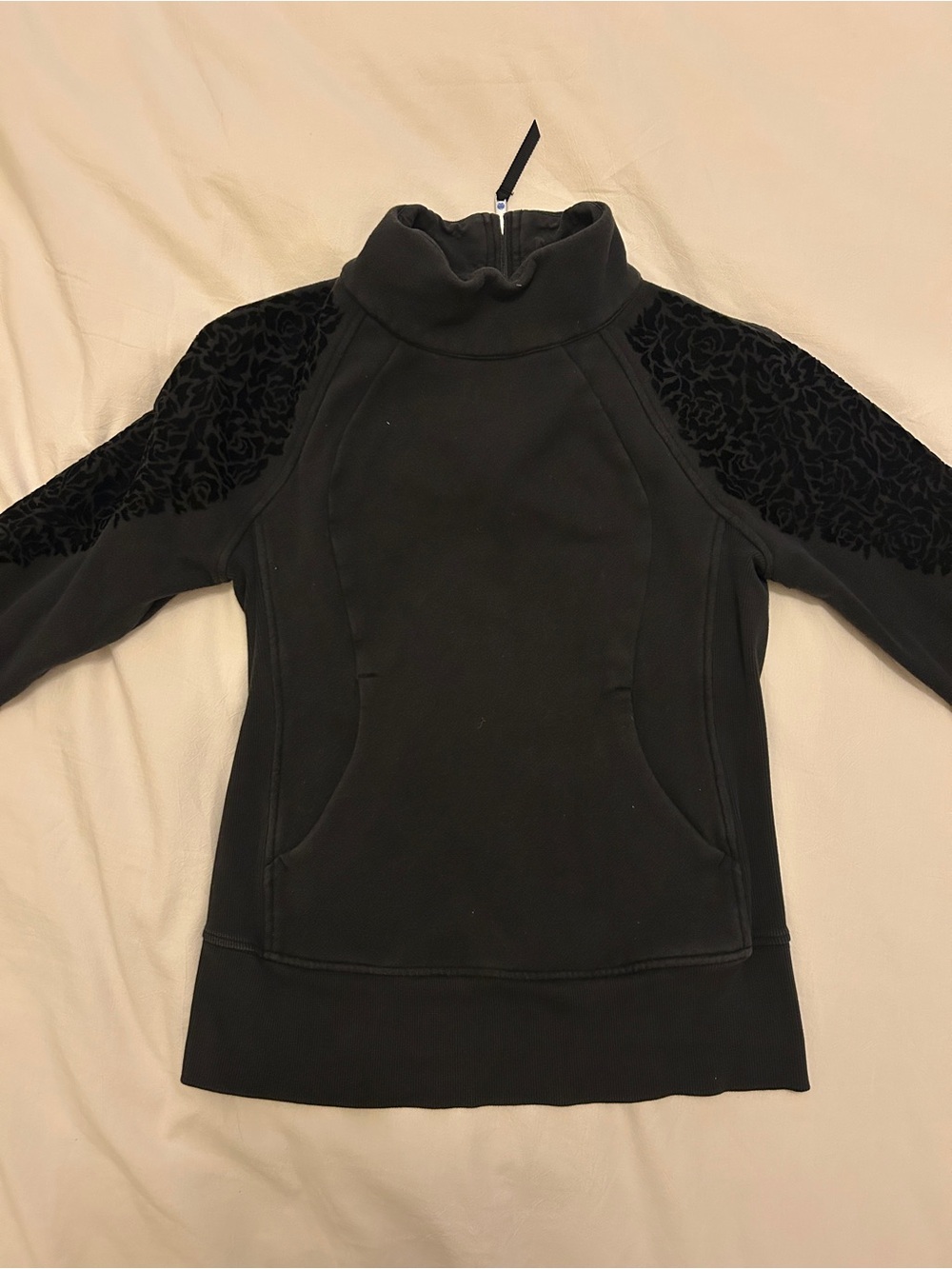lululemon athletica Black Funnel Neck Pullover with Velvet Floral Shoulders